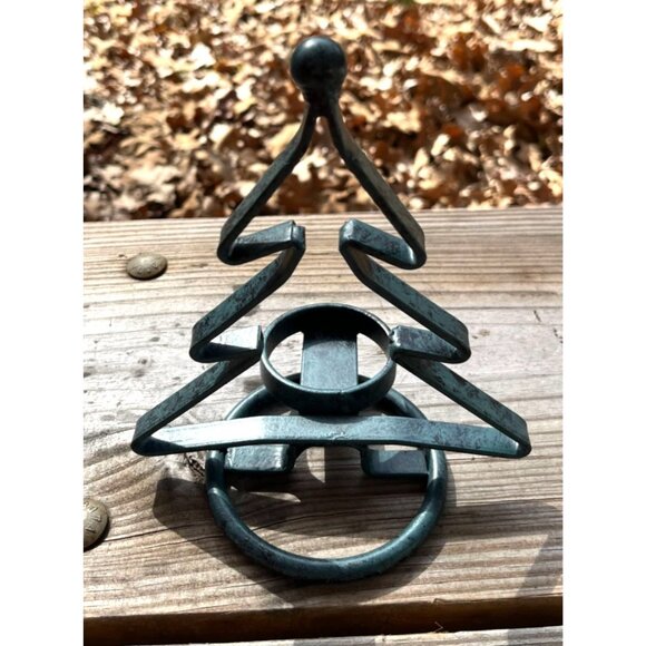 Christmas Tree Tea Light Holder Rustic Wrought Iron Green Blue Candle Stand - Picture 2 of 11